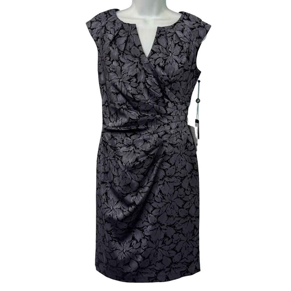 Adrianna Papell Blue Metallic Floral Notch Sheath Dress Sz 6 P Petite NEW Tags